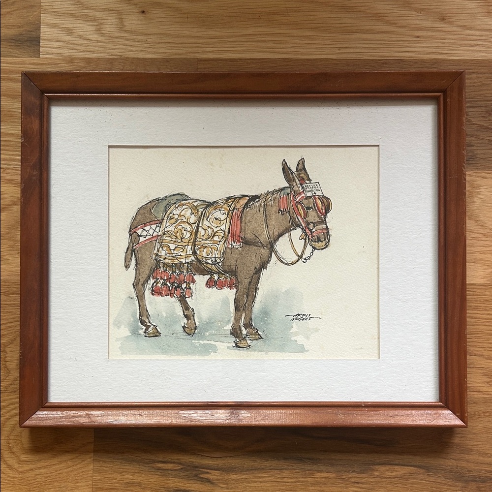 Vintage Ardis Hughes Donkey Burro Taxi Original Watercolor